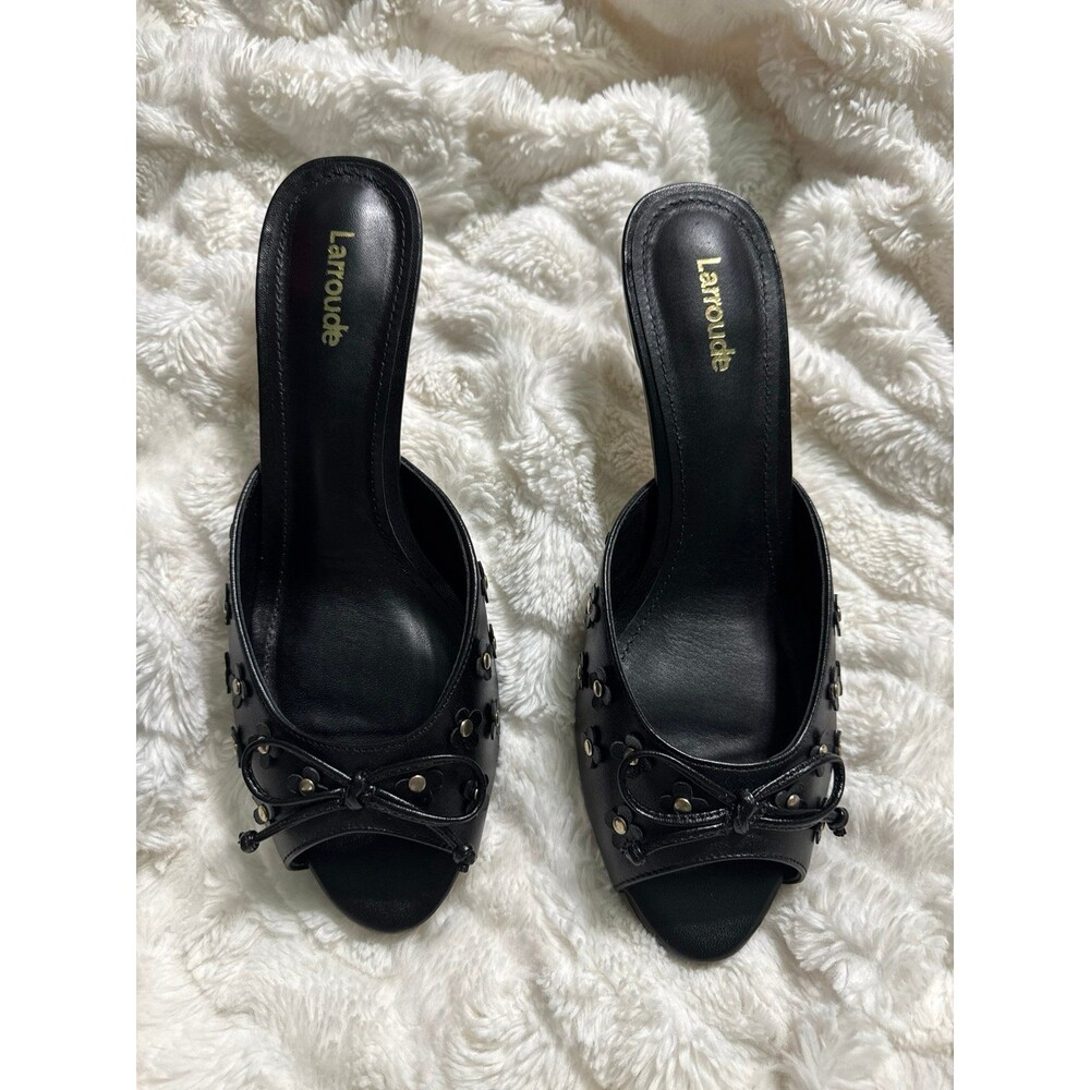 Larroude Jasmine Black Studded Leather Mule Peep Toe Heel - Picture 3 of 9